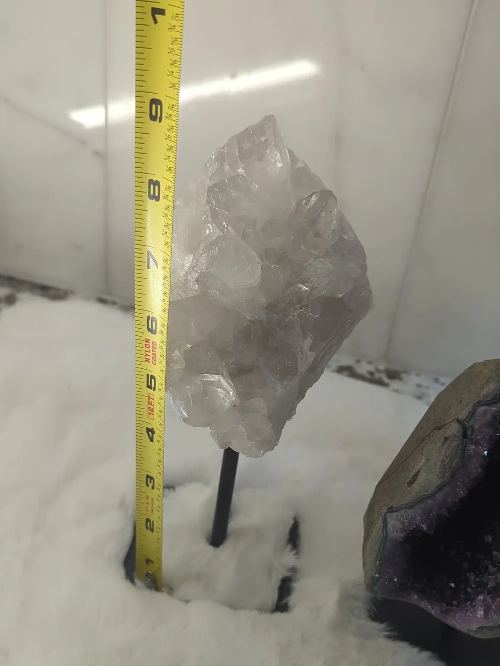 Natural Amethyst Geode And Quartz White Crystal Home Accent - Mounted On Stands.